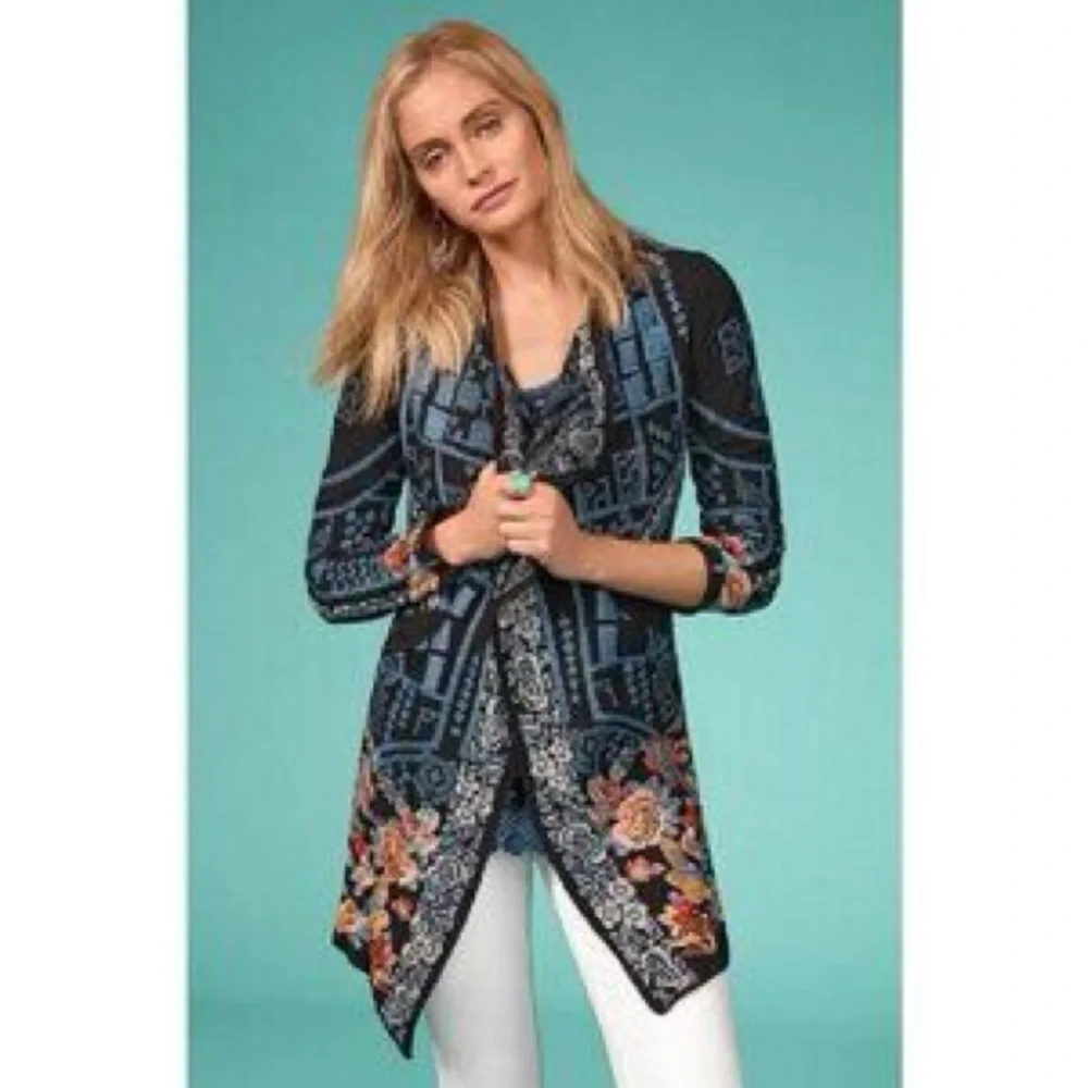 Johnny Was BIYA Embroidered Turquoise Open Front Cardigan Jacket Pockets Belt M - Picture 9 of 9